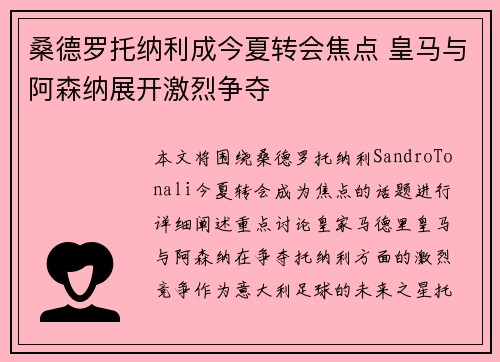 桑德罗托纳利成今夏转会焦点 皇马与阿森纳展开激烈争夺 桑德罗托纳利成今夏转会焦点 皇马与阿森纳展开激烈争夺